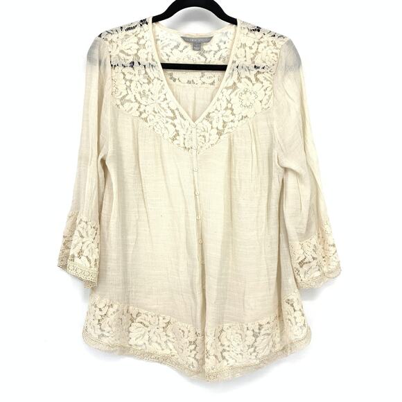 Valerie Stevens Boho Blouse Womens Size Large Button Front Lace Trim Cream - Picture 1 of 6